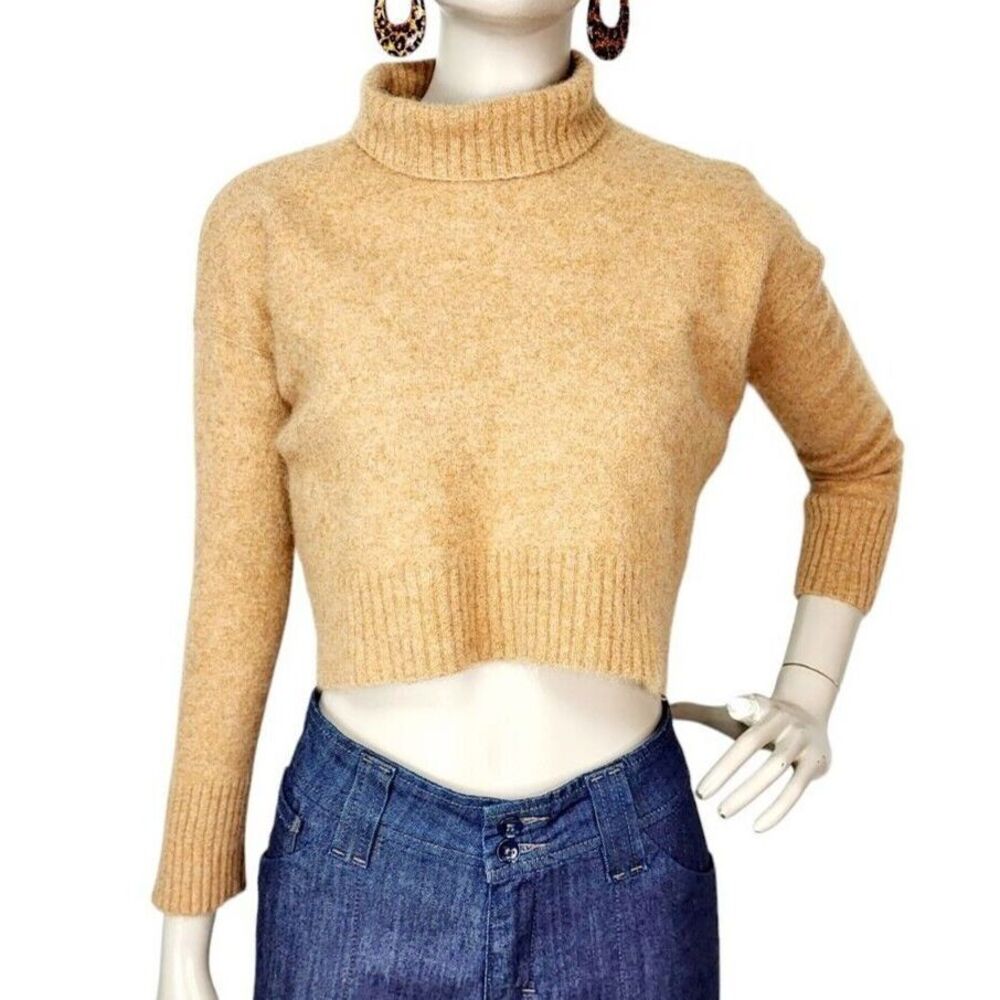 Free People 100% Cashmere Tan Cropped Turtleneck Pullover Sweater Size Small NEW
